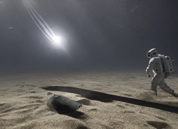 Prompt: astronaut underwater putting a flag in the sand of the bottom of the ocean. in the background, a submarine is visible. dark, concept art, cinematic, dramatic, atmospheric, 8 k, trending on artstation, zack snyder