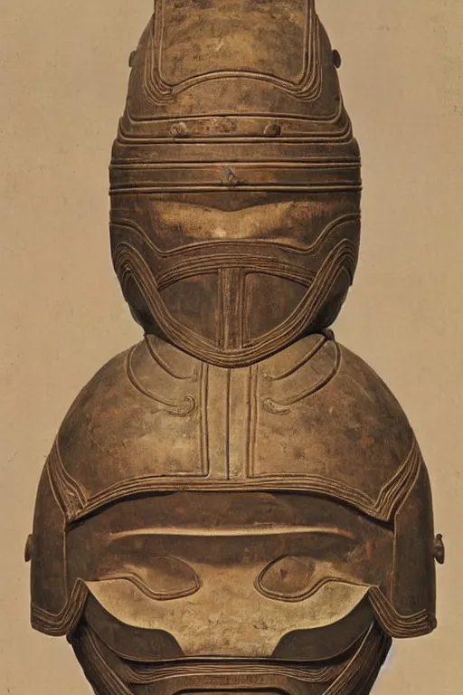 Image similar to a set of battle armor and helmet in tang dynasty of china, ancient, fine pattern carving, by bouguereau