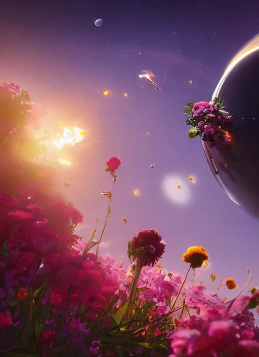 Prompt: An epic fantastic realism comic book style painting of the most beautiful flowers launched into space, bouquets, fisheye lens, unreal 5, DAZ, hyperrealistic, stars in the night sky, octane render, dynamic lighting