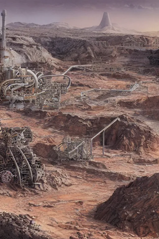 Image similar to industrial minning plant in a quarry in the middle of the desert of Mars planet concept art by yoshitaka amano and H.R. Giger, intricate detail, 8k, featured art