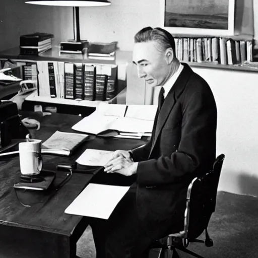 Image similar to photo of robert oppenheimer working as president