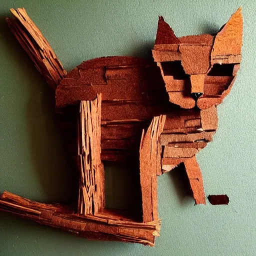 Prompt: cat made of tree bark real