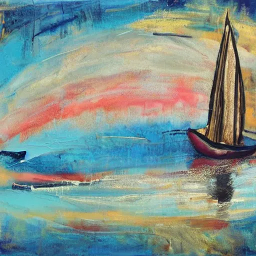 Image similar to a painting of a sailboat floating on a body of water, an abstract painting by ted degrazia, reddit contest winner, lyrical abstraction, mixed media, acrylic art, gold leaf, oil on canvas