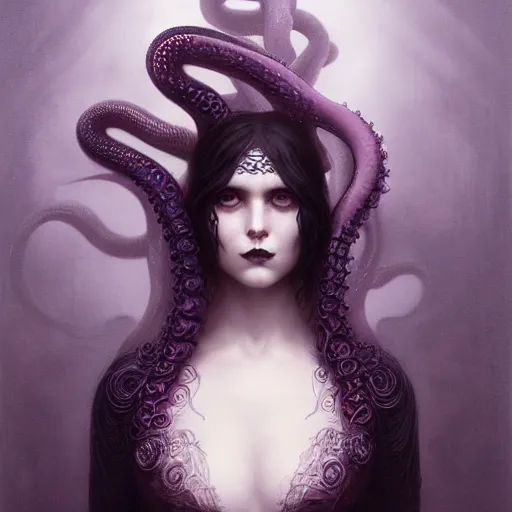 Prompt: by tom bagshaw, photorealistic body shot of a curiosities and absurdities in ultra deep fog, curvy full gothic long dress made of infinite tentacles, purple black lustrous thin haircut, symmetry accurate features, focus, very intricate ultrafine details, award winning masterpiece