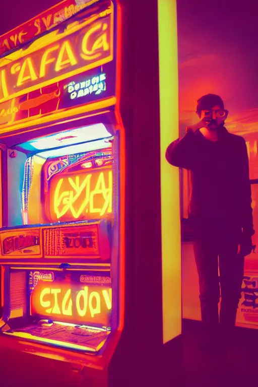 Image similar to agfa vista 4 0 0 photograph of a guy standing in front of an arcade machine, synth vibe, vaporwave colors, lens flare, moody lighting, moody vibe, telephoto, 9 0 s vibe, blurry background, grain, tranquil, calm, faded!,