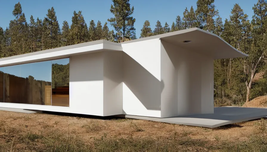 Image similar to A wide image of a full innovative contemporary prefab cabin with rounded corners, beveled edges, 3D printed line texture, made of cement, organic architecture, Designed by Gucci, Balenciaga, and Wes Anderson