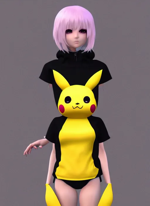 Image similar to vrchat, secondlife, imvu, 3 d model of a girl in a pikachu hoodie, hq render, detailed textures, artstationhd, booth. pm, highly detailed attributes and atmosphere, dim volumetric cinematic lighting, hd, unity unreal engine