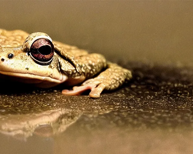 Prompt: Close up of a Budgett's frog smiling and looking at the camera in a still from the movie Blade Runner (1982), high quality, rain, rain drops, cold lighting, 4k, night, award wining photo