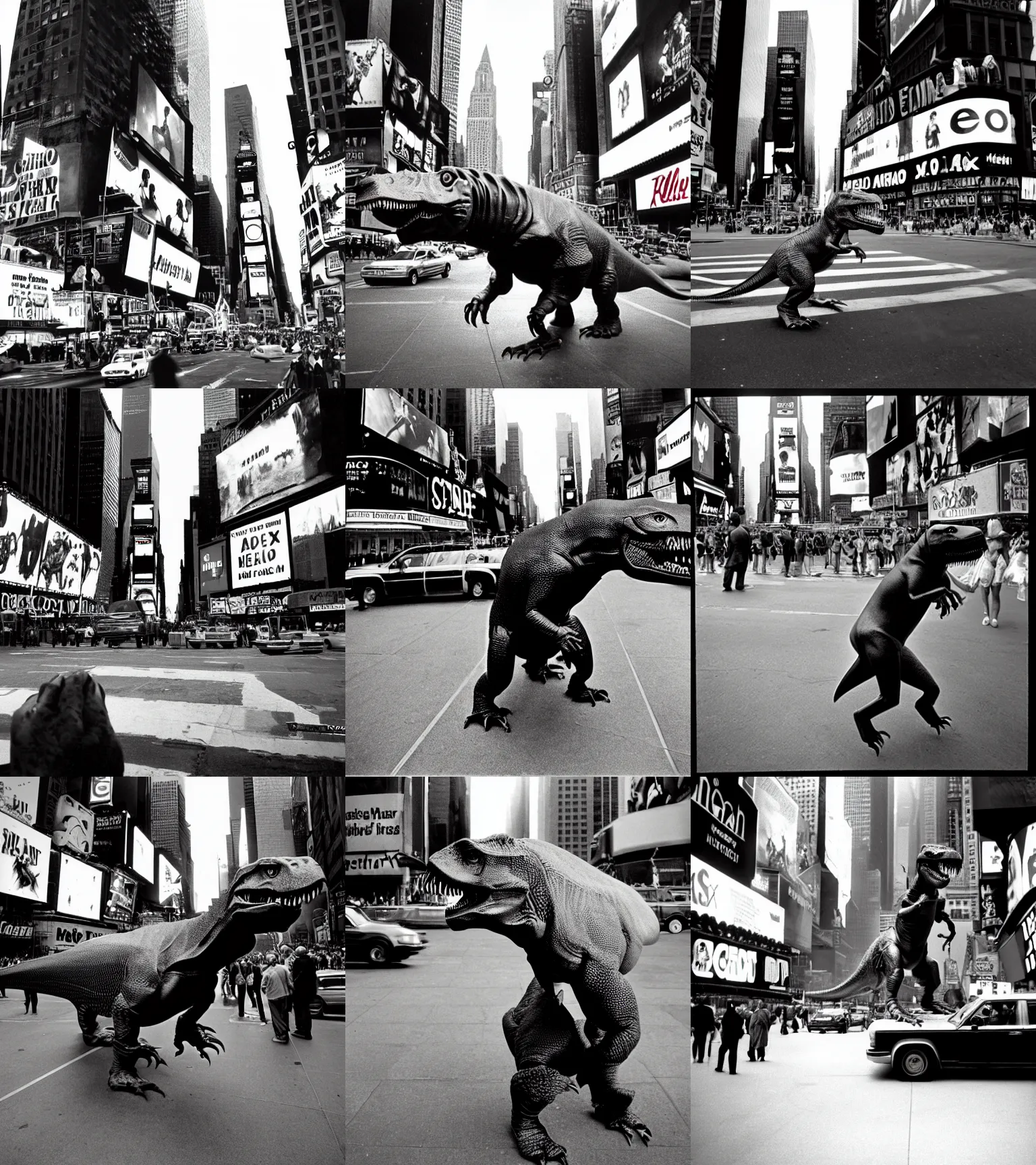 Prompt: a 3 5 mm photo of a t - rex posing in times square, shot by bruce gilden, helmut newton, bill cunningham, leica s, sony flashpoint, ektachrome