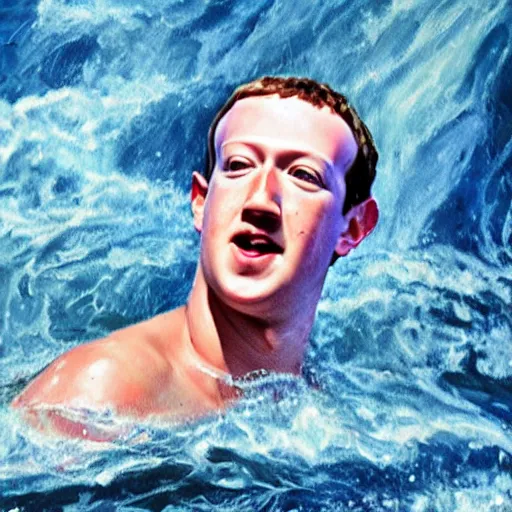 Image similar to mark zuckerberg as poseidon emerging out of the water, oil painting