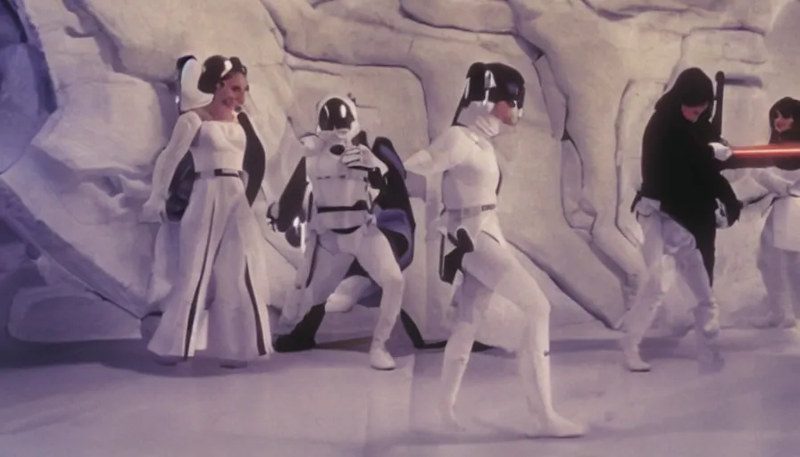 Image similar to screenshot portrait of Luke Skywalker and Princess Leia, facing off against an incredibly haunting female sith lord in white, on a sith planet of purple magic maelstrom, iconic scene from the 1970s sci fi thriller film by Stanley Kubrick, HR Geiger, stunning cinematography, hyper-detailed, sharp, anamorphic lenses, kodak color stock, 4k, stunning