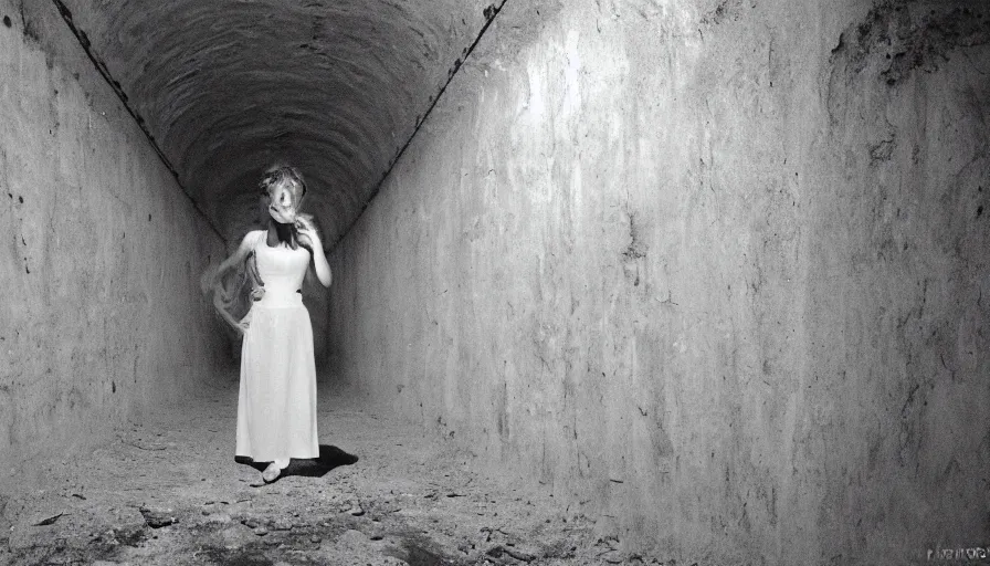 Image similar to portrait of a white female phantom an empty soviet tunnel, early black and white 8mm, heavy grain, high quality, liminal space style