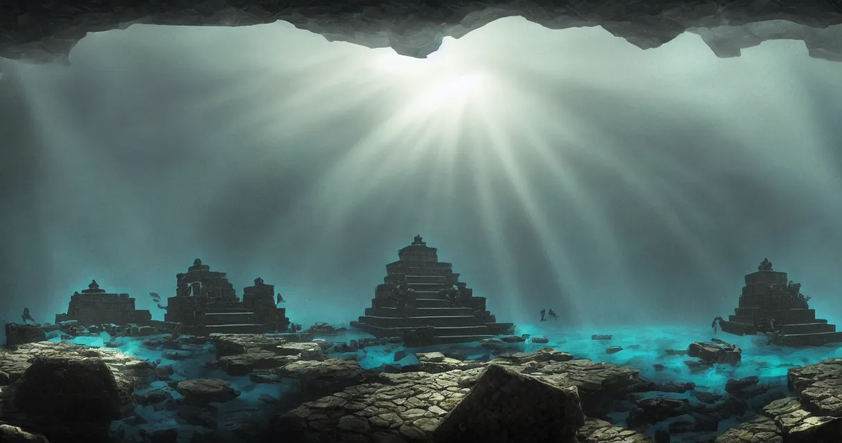 Image similar to wide shot, submerged pre - incan temple, carvings, dark, grenada underwater sculpture park, bubbles, abyss, stylized, anime style mixed with fujifilm, detailed gouache paintings, crepuscular rays, dark, murky, foggy, atmospheric, artstation, cgsociety, octane render, cgi, unreal engine 5, denoise, cinematic masterpiece