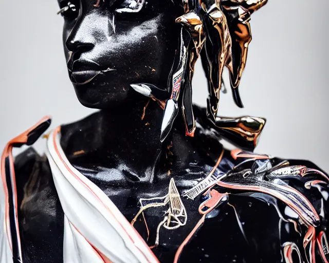 Image similar to extremely beautiful black marble statue with colorful japanese motorcycle logos in the style of fashion designer virgil abloh, sharp focus, clear, detailed,, cinematic, detailed, off white, glamourous, symmetrical, vogue, editorial, fashion, magazine shoot, glossy