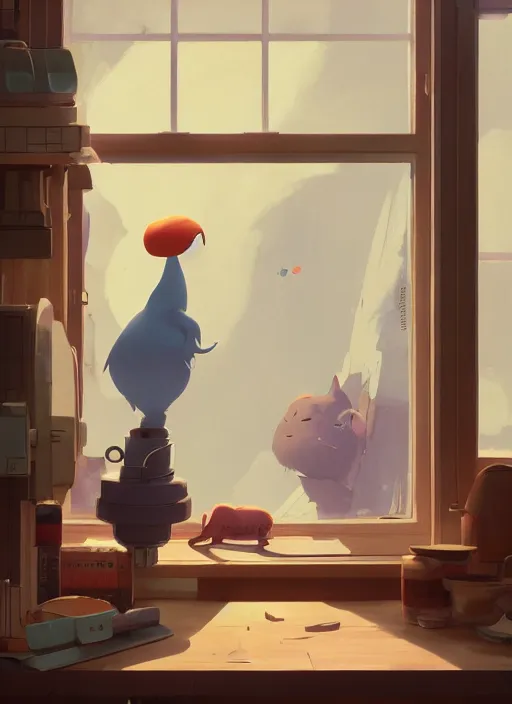 Image similar to seen through a window, woodworker shop, detailed, cory loftis, james gilleard, atey ghailan, makoto shinkai, goro fujita, studio ghibli, rim light, exquisite lighting, clear focus, very coherent, plain background, soft painting