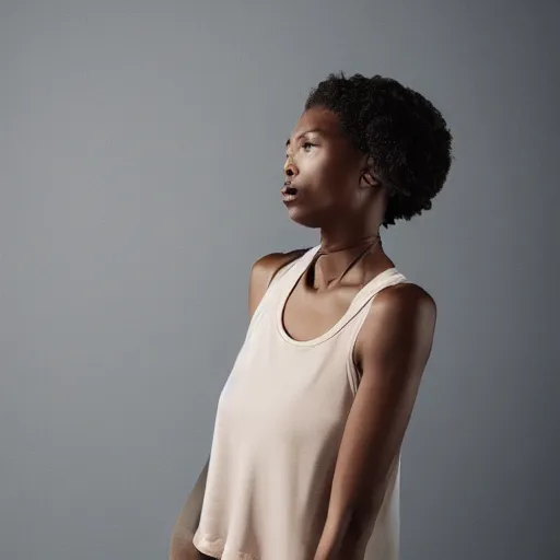 Prompt: realistic photoshooting for a new nike lookbook color film photography portrait of a beautiful woman model wearing a taupe pelagia tank top, photo in style of tyler mitchell