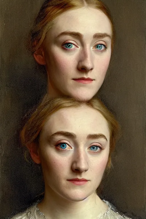 Image similar to a true-to-life portrait of Saoirse Ronan painted by John Everett Millais, real-life accurate, symmetrical eyes, anatomically accurate