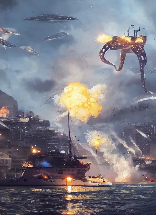 Image similar to hyper realistic squid robot attacking cape town city harbor explosions, atmospheric beautiful details, strong composition painted by kim jung giu weta studio rutkowski, james gurney and greg rutkowski, and lucasfilm