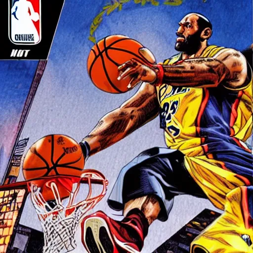 Prompt: comic book cover art of lebron james dunking a basketball by yusuke murata