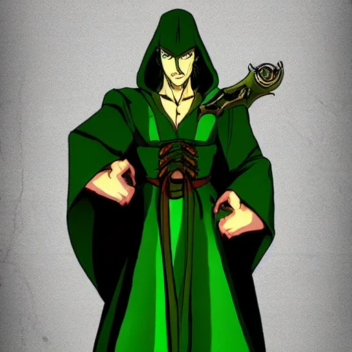 Image similar to Warlock, wearing dark green robes, controlling shadows, in the style of the castlevania show