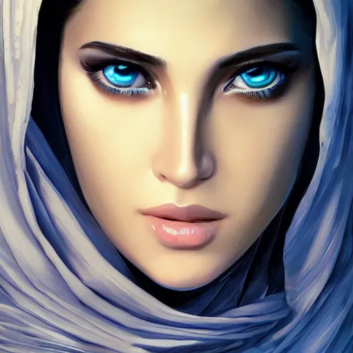 Prompt: Arab Ameera Al taweel, blue eyes, elegant, sharp focus, beautiful face, Hyper-realistic, Highly Detailed, HD, Dramatic Lighting by Brom, by beeple, studio ghibli, wallpaper, highly detailed, trending on artstation