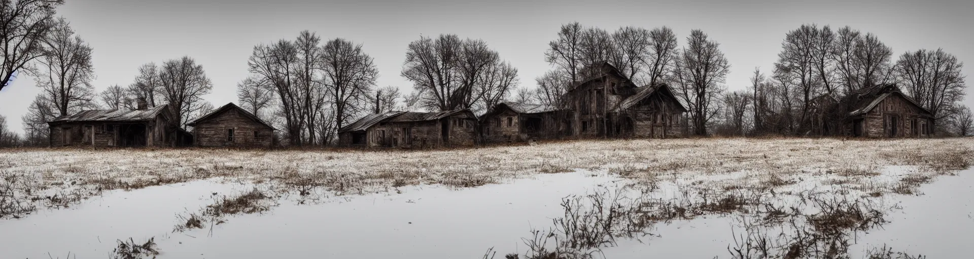 Image similar to landscape, dead nature, eastern european house, farm, abandoned, lifeless, winter, mud, atmospheric, mystical, very detailed 4 k