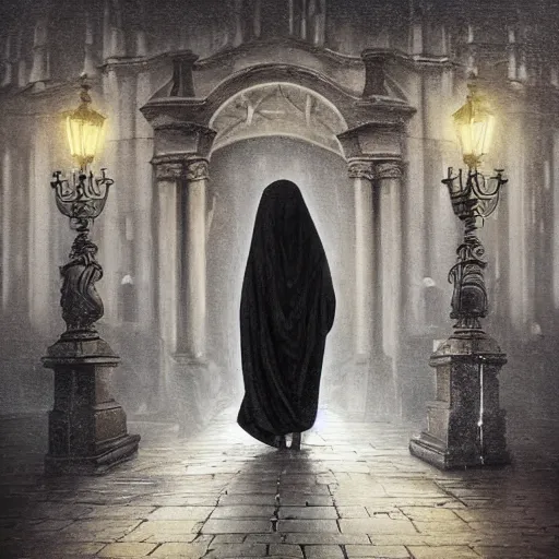 Prompt: ominous bedsheet ghost walking through the center of old london city, oil painting, gloomy misty atmosphere, symmetrical, full body image, highly ornate intricate details, very sharp photo,