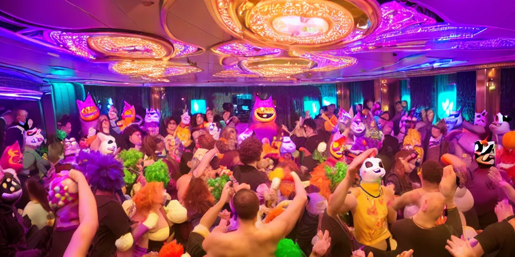 Image similar to 8 k uhd cinema 4 d, octane render of multiple cats dressed as vegetables with vegetables as masks, vegetables dressed as cats with fluffy tails, line dancing at a party, in the ballroom of a luxury cruise liner, beautiful chandeliers from the ceiling, ultra realistic, group photography, 1 0 5 mm lens, multi coloured volumetric lighting