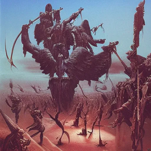 Image similar to the hungry birds of war. manowar album, 8k, highly detailed, conan the barbaraian style by Zdzisław Beksiński