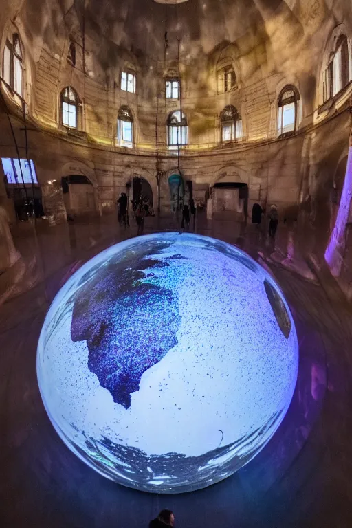 Image similar to public art installation about liquid planet in space. projected on big suspended sphere inside big and dark venue. interactive art by sila sveta