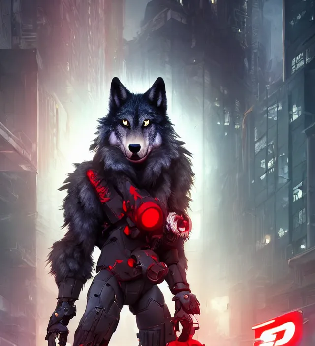 Image similar to portrait of a anthropomorphic dark gray wolf with red hair in a futuristic city, hyper detailed, digital art, trending in artstation, cinematic lighting, studio quality, smooth render, unreal engine 5 rendered, octane rendered, art style by pixar dreamworks warner bros disney riot games and overwatch.