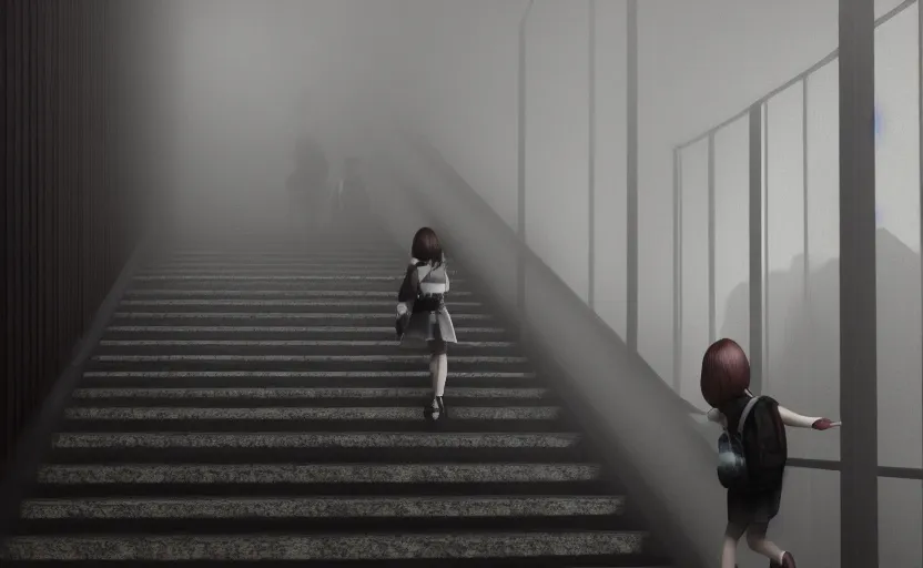 Prompt: school girl going up the stairs, gloomy and foggy atmosphere, octane render, cgsociety, artstation trending, horror scene, highly detailded