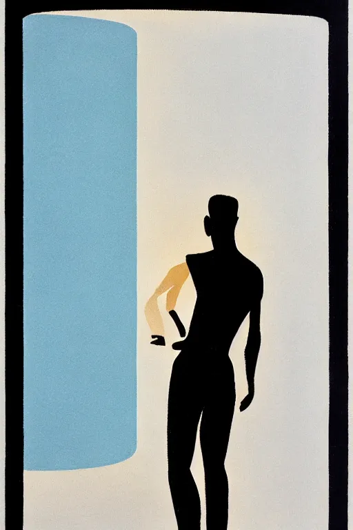 Image similar to man looking at his reflection in the mirror, 1960’s minimalist advertising illustration, painterly, expressive brush strokes