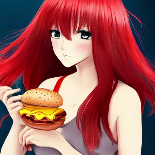 Image similar to a girl eating a hamburger, red hair, anime art, detailed, hd, smooth