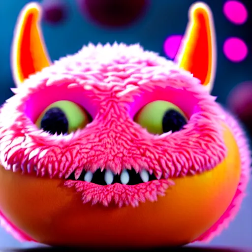 Image similar to an alien with a face that looks like a fuzzy peach the peach is fuzzy pink warm and ripe the alien has horns and a mean smile the alien has chicken feet cruel smile, 4k, highly detailed, high quality, amazing, high particle effects, glowing, majestic, soft lighting, detailed background