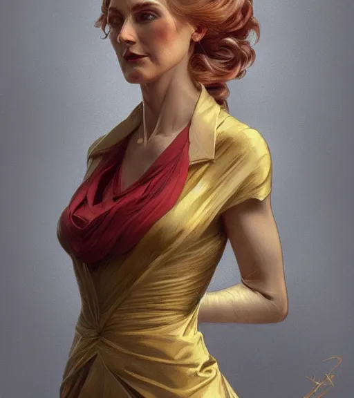 Image similar to julia fox wearing a golden dress, grey hair, red necktie, cinematic, stunning, highly detailed, digital painting, artstation, smooth, hard focus, full body shot, illustration, art by artgerm and greg rutkowski and alphonse mucha