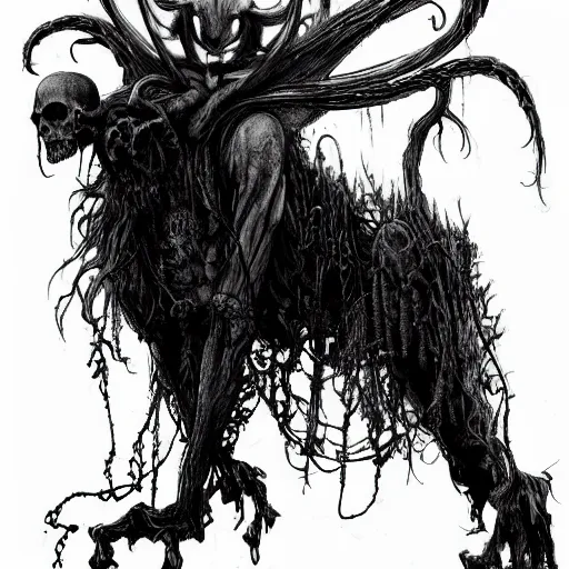 Image similar to ancient magus, fae, skulled creature with black fur, elegant, tendrils, forest, heavy fog, fantasy, hyper realistic