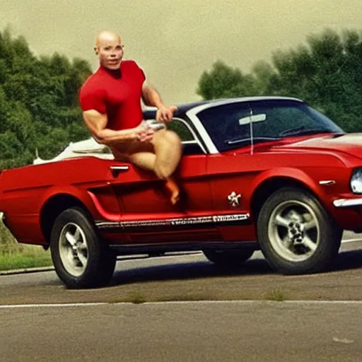 Image similar to coloured photograph of a muscled young white bald guy with broad shoulders, black shirt and a large chest driving a racing red mustang down a british road, high detail, very clear faces