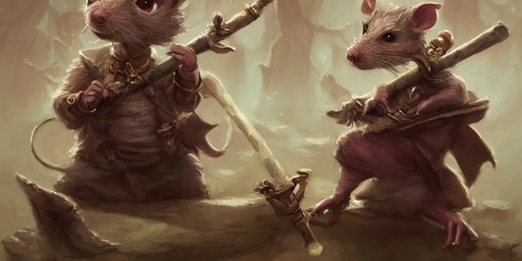 Image similar to cute little anthropomorphic rat, wielding a magic staff, tiny, small, short, Wizard robe, cute and adorable, pretty, beautiful, DnD character art portrait, matte fantasy painting, DeviantArt Artstation, by Jason Felix by Steve Argyle by Tyler Jacobson by Peter Mohrbacher, cinema