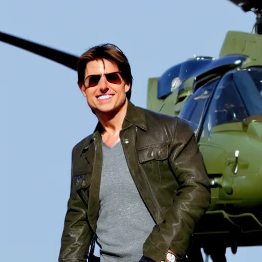 Image similar to Tom Cruise waving to fans. He's wearing bluejeans and a green jacket, Ralph Lauren. A helicopter is in the background. Shallow depth of field