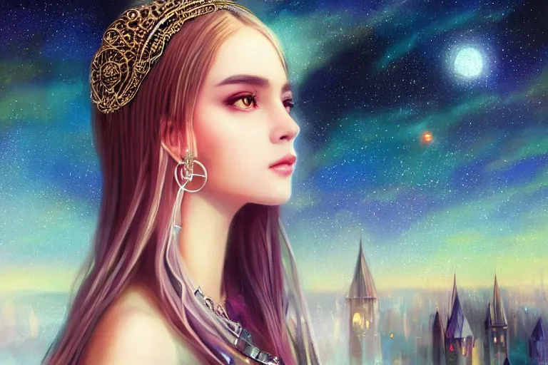 Prompt: masterpiece portrait charming and miracle female luxury astromancer boho accessories in dreamlike movie, big major starry sky and city in background, twlight, no distorsion, sharp focus, high detailed face, beautiful eyes, art by artgerm, greg rutkowski, sasoura, satchely, kpop, miracle, uhd, medium long shot, fantasy,