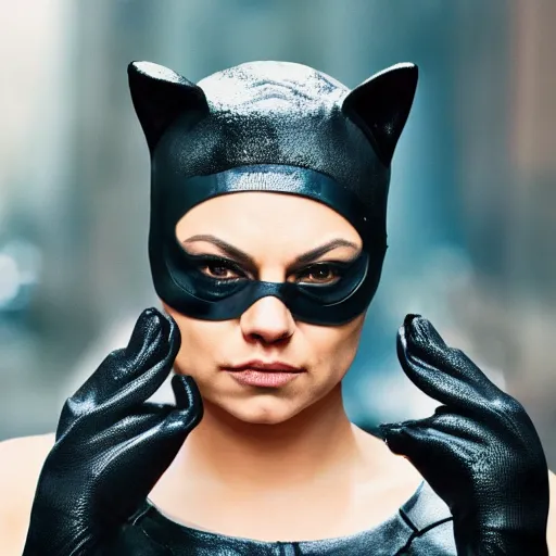 Image similar to Mila Kunis as Catwoman, XF IQ4, 150MP, 50mm, F1.4, ISO 200, 1/160s, natural light, photoshopped, lightroom, photolab