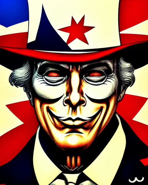 Image similar to anonymous uncle sam in the style of cuban communist propaganda poster art in the year 1 9 8 7 ultra realistic, concept art, intricate details, highly detailed, photorealistic, octane render, 8 k, unreal engine. art by artgerm and magali villeneuve