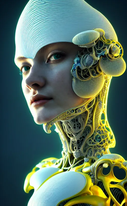 Image similar to intricate hyper detailed ultra sharp 3 d render of a beautiful smooth porcelain seductive cyborg woman portrait, medium shot portrait, bright light, alexandre ferra mecha, haute couture deeply cyberpunk art nouveau huge white fractal mycelum and fungi head ornaments, big embroidered leaves filigree spreaded roots, yellow infrared, octane render, volumetric cinematic lighting, 8 k, vray tracing