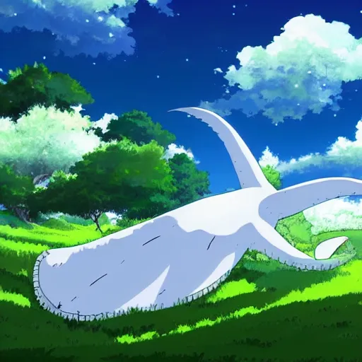 Image similar to big white whale flying near giant tree in the green field, anime, HD,