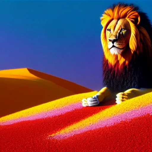 Prompt: lion made of rainbow sand, multicolor, very colourful, volumetric light, cinematic, extremely detailed, cgi, trending on artstation, hyper realistic, hd wallpaper, sharp, michael whelan, ted nasmith