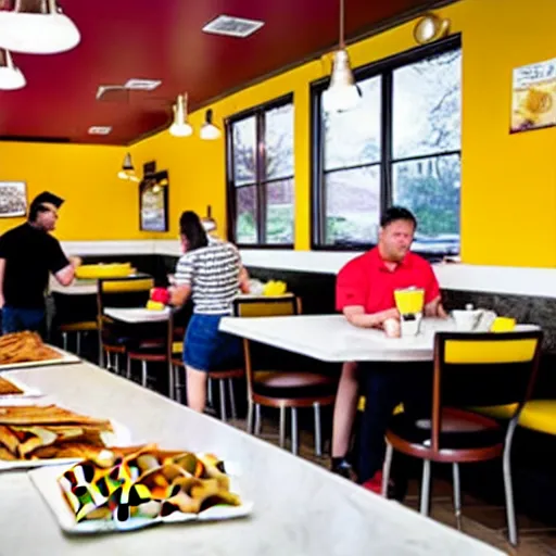 Image similar to busy wafflehouse interior with customers eating breakfast and wafflehouse employees serving food and cooking behind countertop