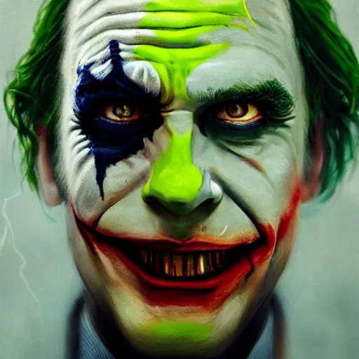 Prompt: cinematic portrait of steve burns as the joker, perfect face, neon rain, moody, elegant, by alyssa monks, highly detailed, symmetrical face, fine details, masterpiece, trending on artstation