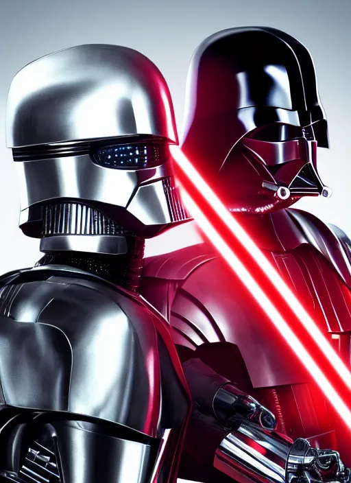 Image similar to Film poster, RoboCop VS Darth Vader, faces look at each other, detailed and realistic, 4k, filmic render