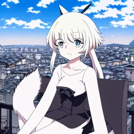 Image similar to White Fox anime, Kyoto animation, Wit studio anime:: woman, black dress, scowl, rooftop party, symmetrical eyes, middle shot, romantic lighting, 2D animation